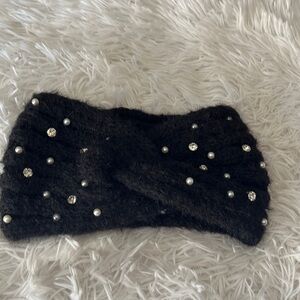 Black Knit Warm Headband With Rhinestones and Pearls & Crisscross Detail